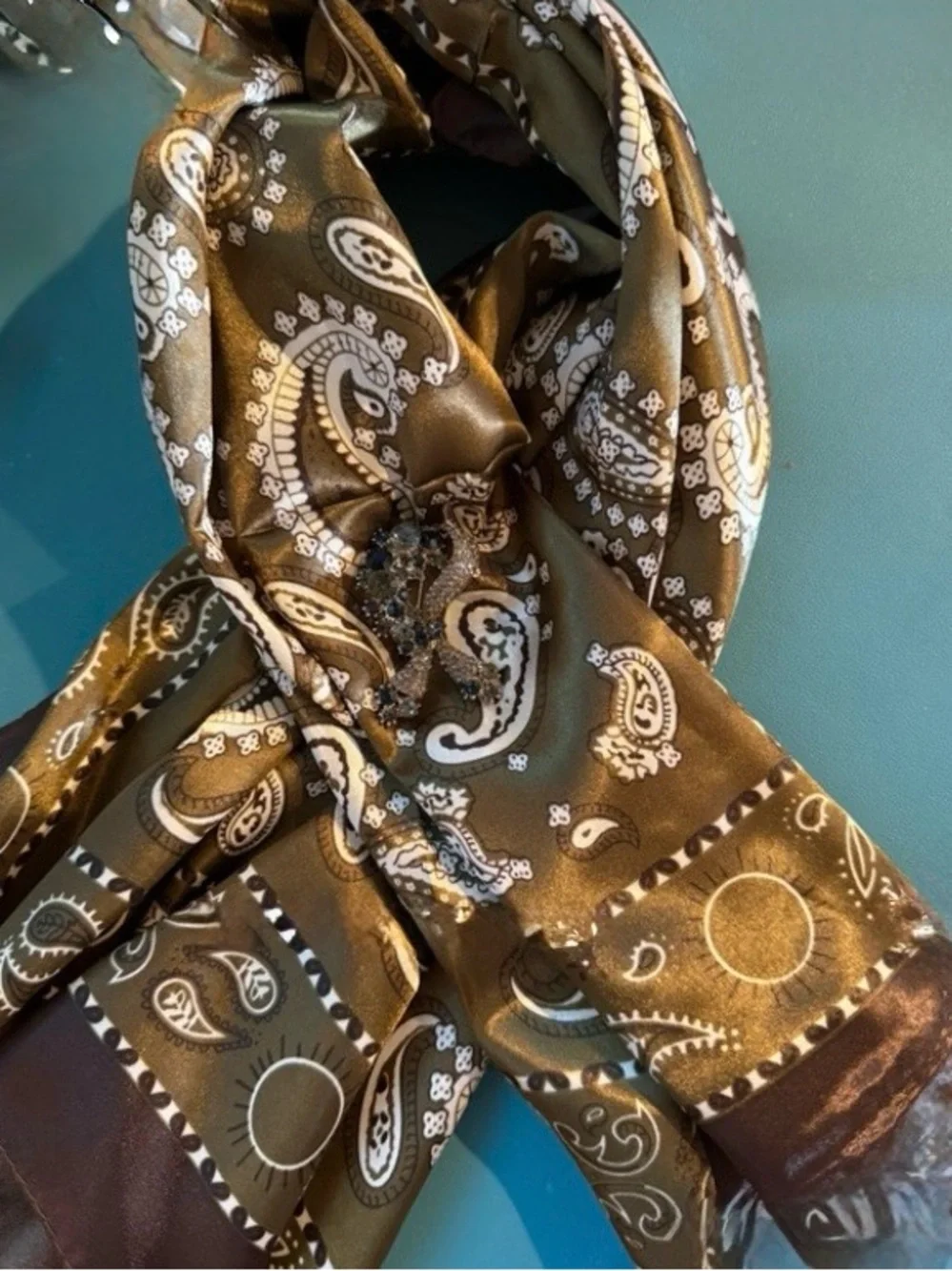 Olive Green Paisley Satin Scarf